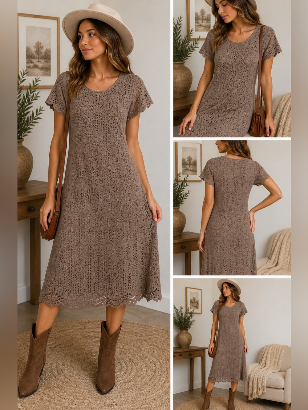 De Collection Taupe Crochet Lace Midi Dress Size Small Boho Neutral
